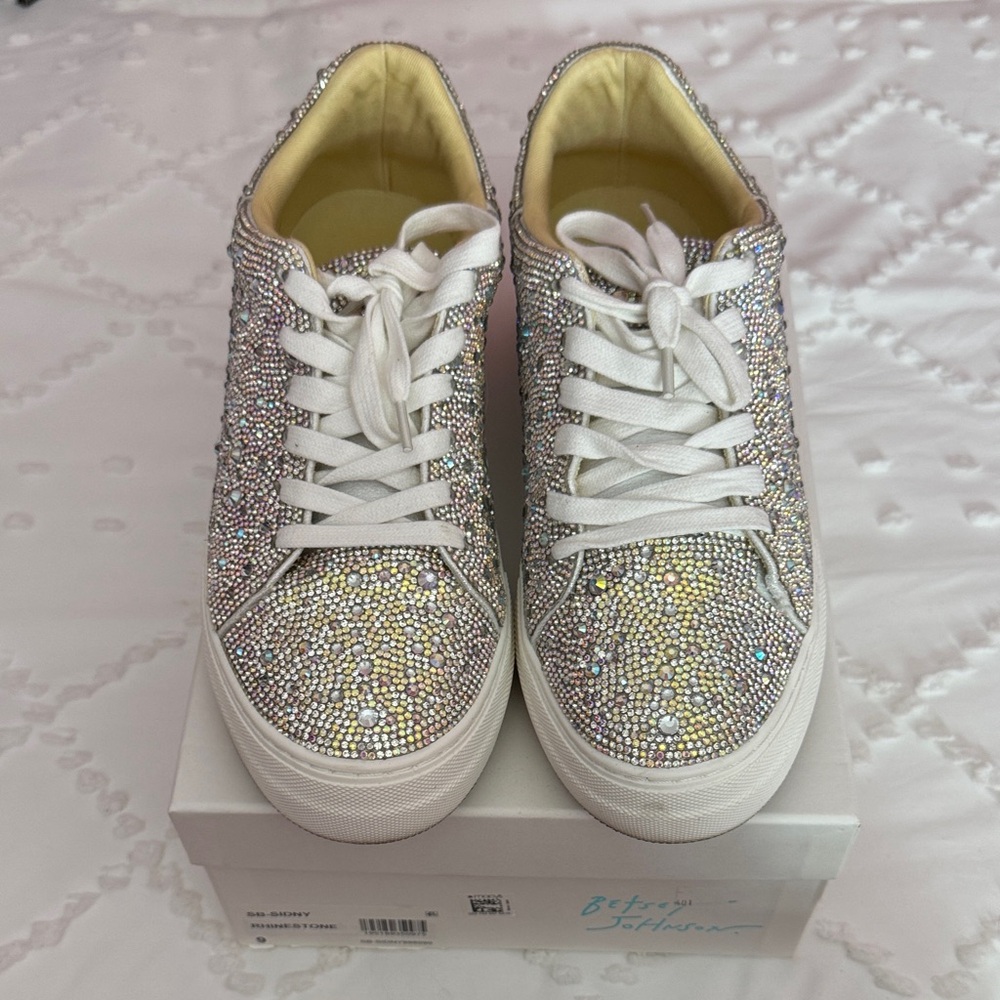 Betsey Johnson Sparkling Rhinestone Sneakers - Silver and White